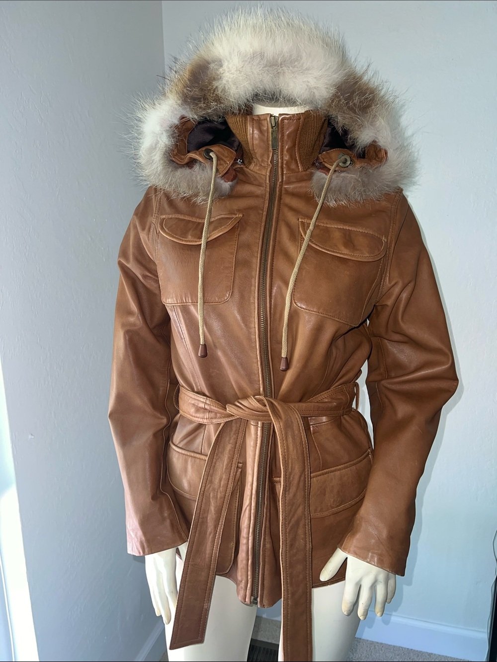 VTG Transmission Brown Leather Zip Up Removable Fur Hood Jacket. Size Medium.